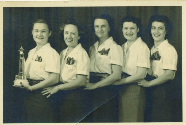 One of the	local bowling	teams from the Thursday night	ladies’ league included Katherine "Tottie" Peterson, unknown, unknown, Genevieve	Potter Morrissy, and Fran Smith.