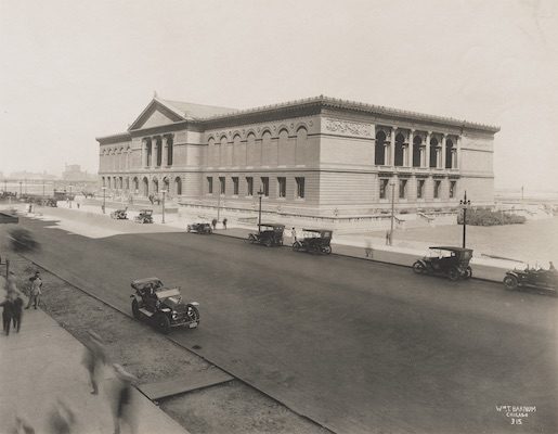 Exterior view of The Art Institute of Chicago, looking northeast from elevation across Michigan Avenue, Chicago, Illinois, circa 1920.