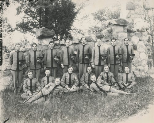 Cadets from Northwestern Military Academy visit the former site of Kaye’s Park prior to the construction of Davidson Hall, circa 1910.