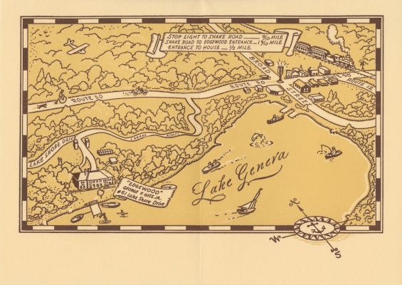 A postcard from the 1950s shows guests where the renamed “Edgewood” was located in relation to Highway 50 and downtown Lake Geneva.  Photo courtesy of Geneva Lake Museum