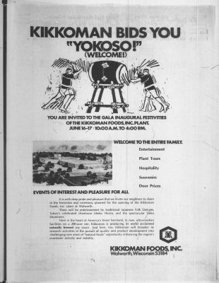 A Kikkoman ad in the local newspapers in 1973 inviting residents to attend the plant’s opening.  COURTESY OF THE LAKE GENEVA REGIONAL NEWS VIA NEWSPAPERS.COM